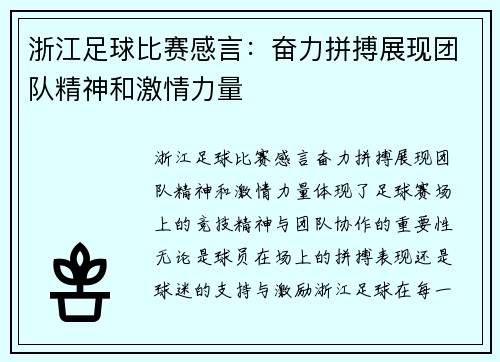 浙江足球比赛感言：奋力拼搏展现团队精神和激情力量