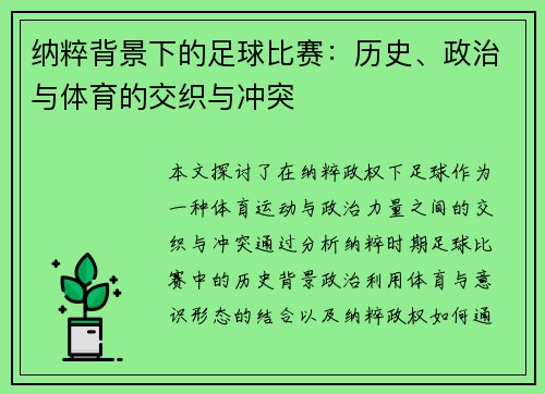 纳粹背景下的足球比赛：历史、政治与体育的交织与冲突