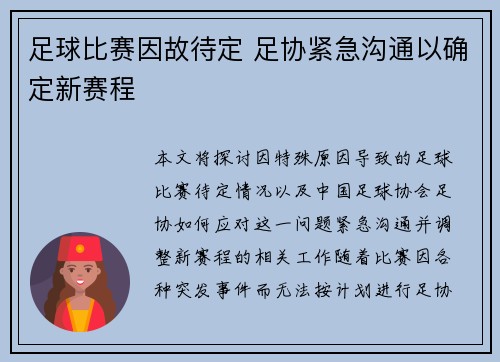 足球比赛因故待定 足协紧急沟通以确定新赛程