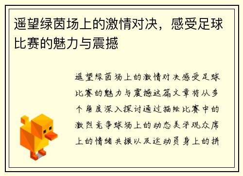 遥望绿茵场上的激情对决，感受足球比赛的魅力与震撼