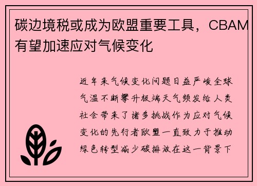 碳边境税或成为欧盟重要工具，CBAM有望加速应对气候变化